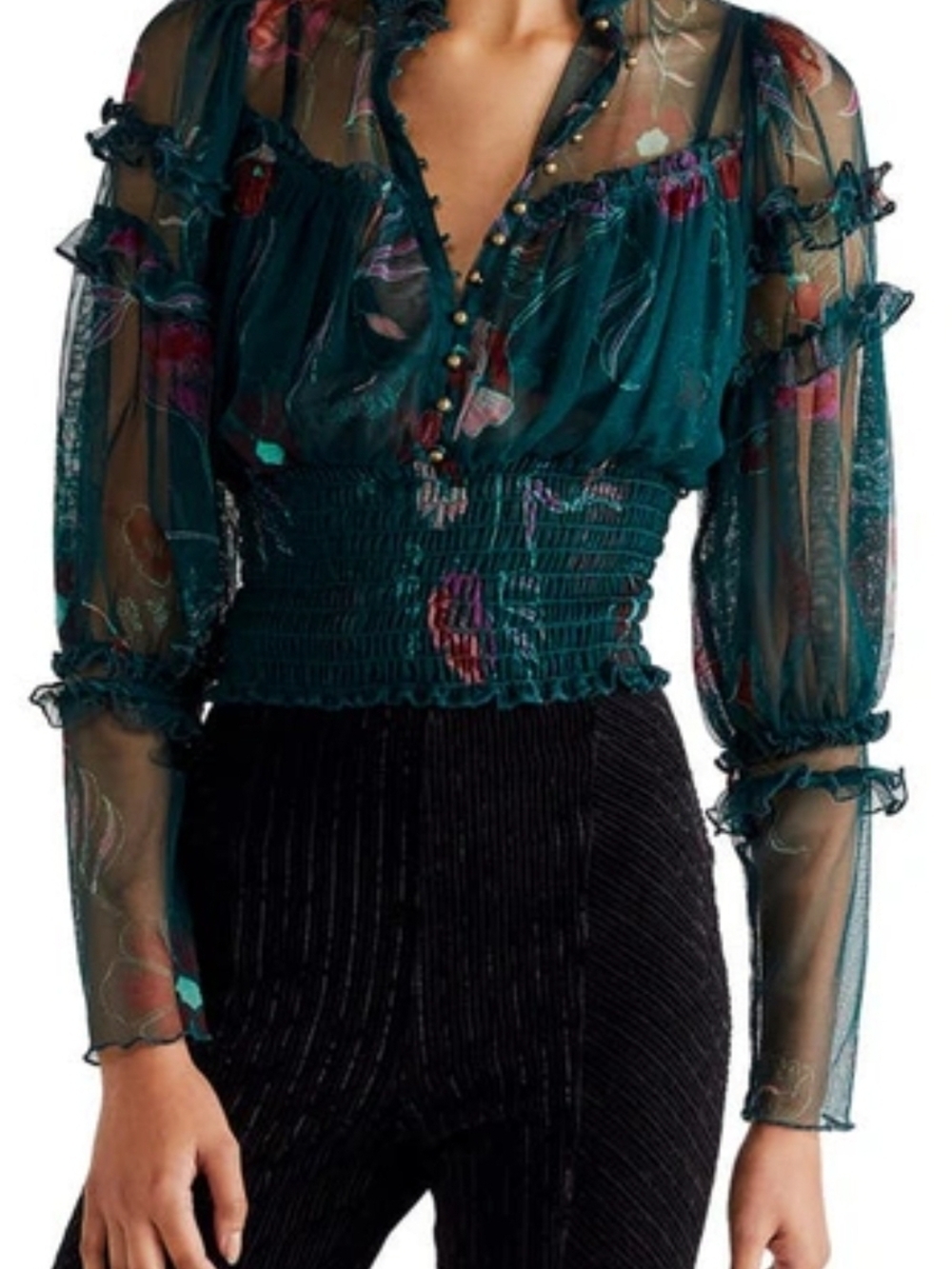 Free People Dark Green Sheer Floral Button-Front Blouse